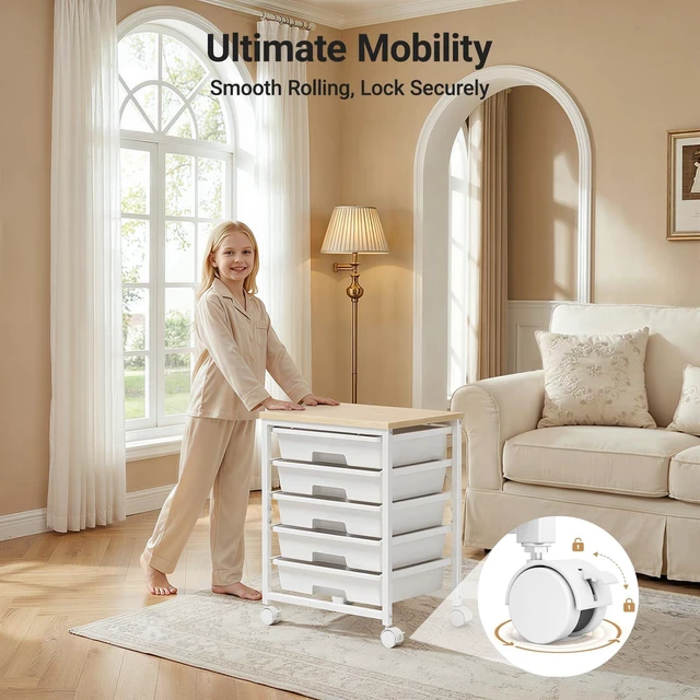 Alt view image 7 of 7 - Rolling Cart with 5 Drawers, Craft Storage Cart, Class White Smooth Drawer Tracks, Easy-Grip Handles, 2 Lockable Wheels, Sturdy Metal Frame, Thick Wood Tabletop, Hold 11 lbs per Drawer
