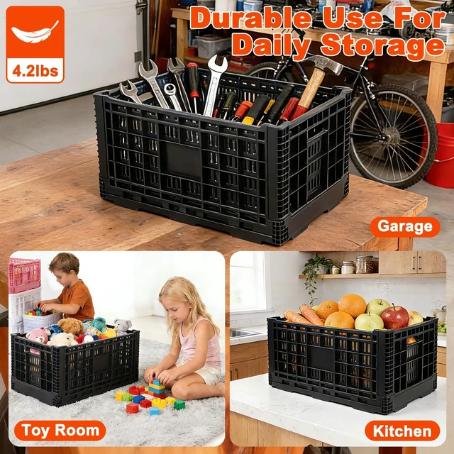Alt view image 5 of 7 - 72L Collapsible Milk Crate with Handles, Large Plastic Crate, Heavy Duty Folding Storage Crates for Home Organizing, Tools, Books, Camping & Transport