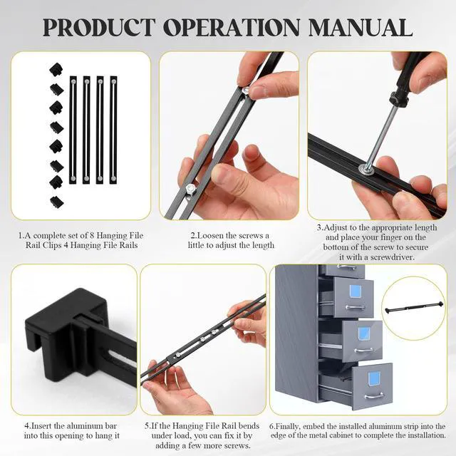 Alt view image 3 of 6 - 12 Pcs Metal Adjustable File Cabinet Rails Set, Black,18-32.5 Inch Include 8 Hanging File Rail Clips 4 Cabinet Dividers Bars Suitable for Cabinets with Drawer Thickness Less Than 1/8 Inch