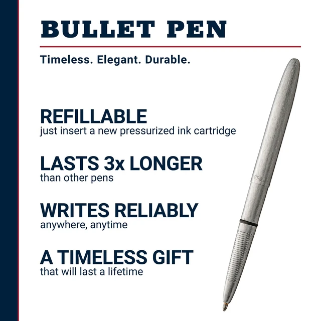 Alt view image 2 of 7 - Space Pen Brushed Chrome Pressurized Ballpoint Bullet Pen, Gift Box Compact Size, Writes Upside Down and in Extreme Temperatures, Smooth Black Ink, Medium Point, Made in the USA