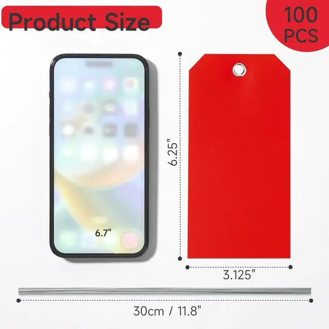 Alt view image 2 of 7 - 100 Plastic Shipping Tags - Red, 6 1/4" x 3 1/8", Waterproof, Durable, Reinforcement Hole, Stacking Labels for Equipment Parts