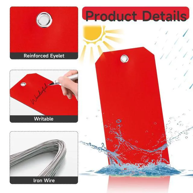 Alt view image 3 of 7 - 100 Plastic Shipping Tags - Red, 6 1/4" x 3 1/8", Waterproof, Durable, Reinforcement Hole, Stacking Labels for Equipment Parts