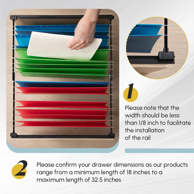 Alt view image 6 of 6 - 12 Pcs Metal Adjustable File Cabinet Rails Set, Black,18-32.5 Inch Include 8 Hanging File Rail Clips 4 Cabinet Dividers Bars Suitable for Cabinets with Drawer Thickness Less Than 1/8 Inch