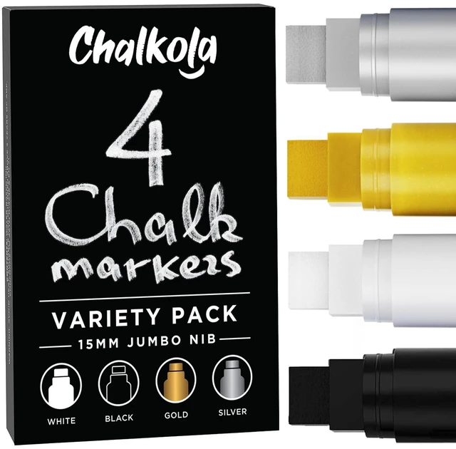 Main image of 15mm Jumbo Washable Car Window Markers | White, Black, Gold Silver 4, 15mm Chalk Pens - Safe Erasable Liquid Paint Chalk Markers for Blackboard Chalkboards, Glass Board, Auto Mirror