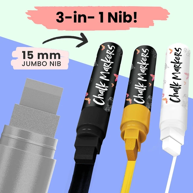 Alt view image 2 of 7 - 15mm Jumbo Washable Car Window Markers | White, Black, Gold Silver 4, 15mm Chalk Pens - Safe Erasable Liquid Paint Chalk Markers for Blackboard Chalkboards, Glass Board, Auto Mirror