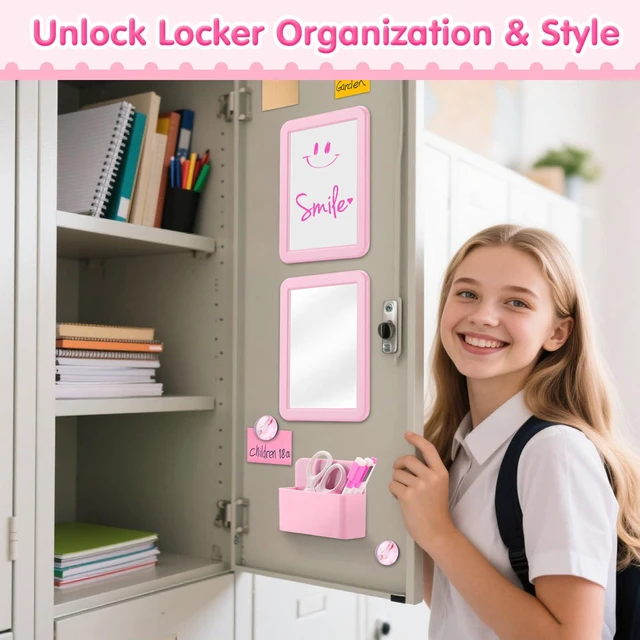 Alt view image 7 of 7 - Locker Accessories for Girls, School Supplies Lockers Decor locker decor accessories Includes magnetic mirror and whiteboard, 4 magnets, 3 markers, an eraser and a magnetic pen holder