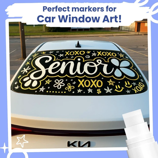 Alt view image 3 of 7 - 15mm Jumbo Washable Car Window Markers | White, Black, Gold Silver 4, 15mm Chalk Pens - Safe Erasable Liquid Paint Chalk Markers for Blackboard Chalkboards, Glass Board, Auto Mirror
