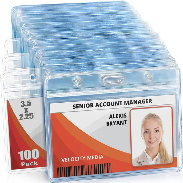 Main image of 2.25x3.5 Horizontal ID Card & Name Badge Holder - Resealable, 100 Pack clear plastic identification name tag holders, soft edge, zipper seal, pre-punched holes for most lanyard clips