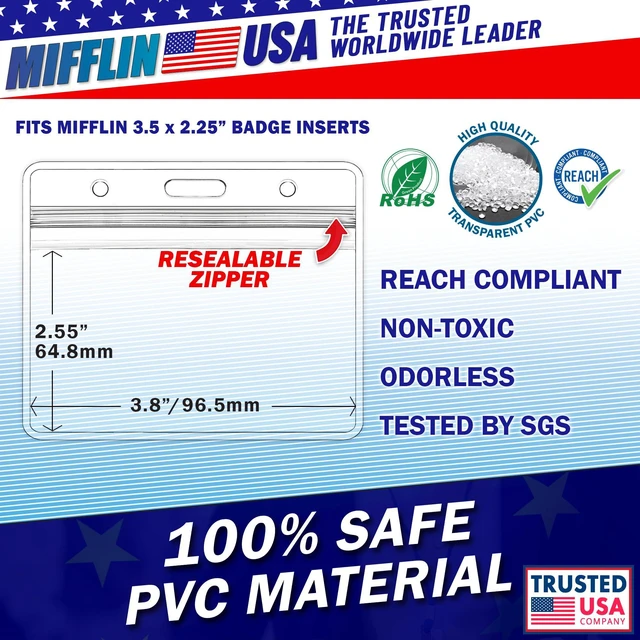 Alt view image 2 of 7 - 2.25x3.5 Horizontal ID Card & Name Badge Holder - Resealable, 100 Pack clear plastic identification name tag holders, soft edge, zipper seal, pre-punched holes for most lanyard clips