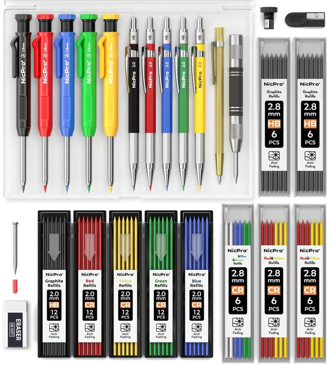 Main image of 27 Pack Carpenter Pencils for Woodworking Construction Mechanical Pencil with 100 Refill, Automatic Center Punch, Carbide Scribe Carpenter Tool, Storage Case