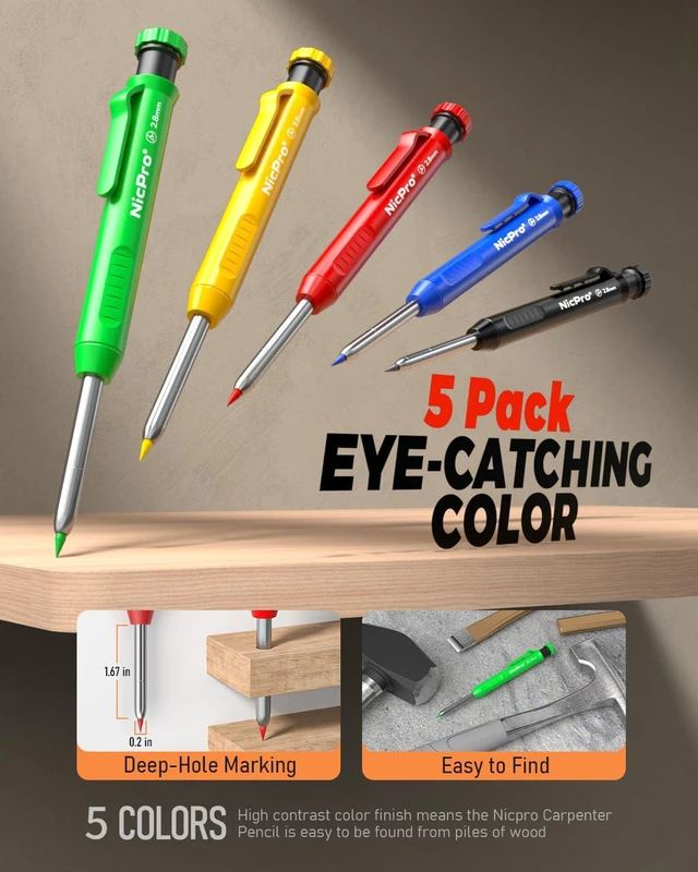 Alt view image 2 of 7 - 27 Pack Carpenter Pencils for Woodworking Construction Mechanical Pencil with 100 Refill, Automatic Center Punch, Carbide Scribe Carpenter Tool, Storage Case