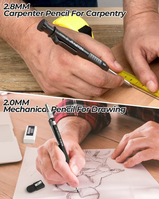 Alt view image 5 of 7 - 27 Pack Carpenter Pencils for Woodworking Construction Mechanical Pencil with 100 Refill, Automatic Center Punch, Carbide Scribe Carpenter Tool, Storage Case