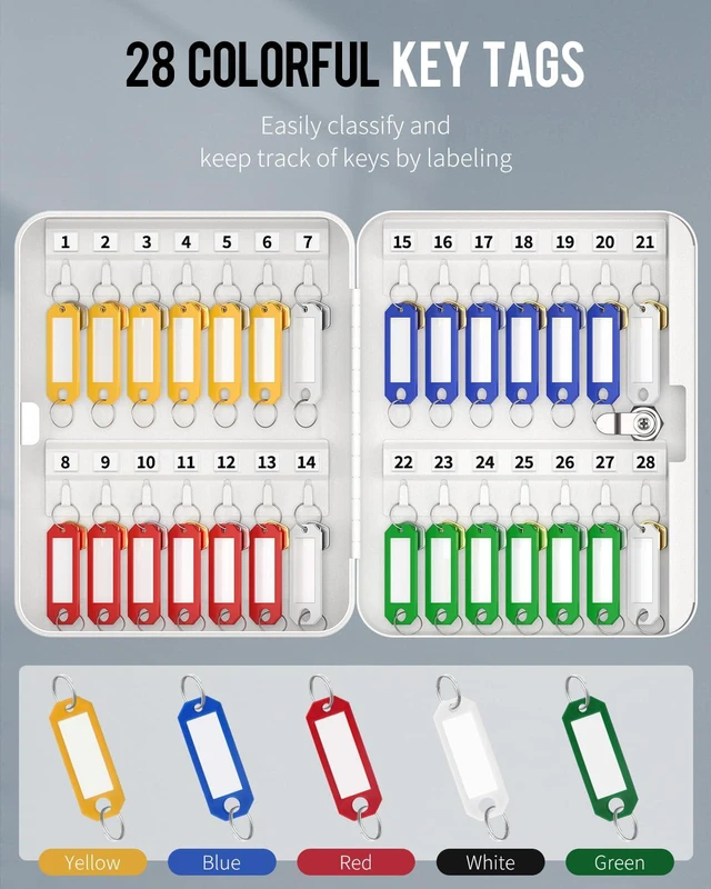Alt view image 6 of 7 - 28 Position Key Cabinet with Key Lock Wall Mounted White Security Storage Box Steel Key Organizer with Colorful Key Tag Labels Stickers and Hooks