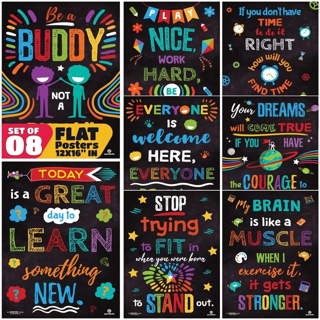 Main image of 8 Pack 12x16 Educational Motivational Posters for Classroom Positive Inspirational chart Preschool Learning Charts That Transform Walls Into Daily Teaching Tools