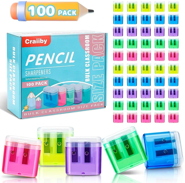 Main image of 100 Pack Pencil Sharpeners Bulk - Colored Handheld Pencil Crayon Double Hole Sharpener, School Classroom Supplies
