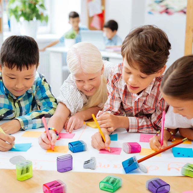 Alt view image 7 of 7 - 100 Pack Pencil Sharpeners Bulk - Colored Handheld Pencil Crayon Double Hole Sharpener, School Classroom Supplies