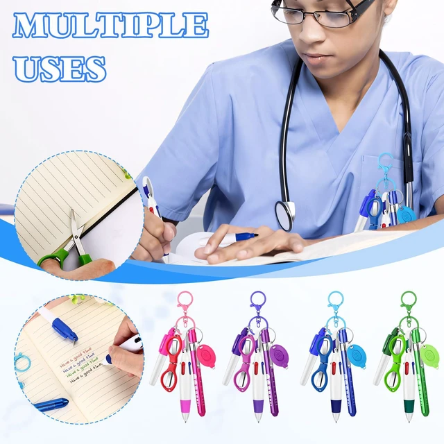 Alt view image 4 of 7 - 24 pcs Nurse Pen Set Include Permanent Marker Pen Pen Lights for Nurses Retractable Ballpoint Pen Nursing Keychain Clip Foldable Scissors LED Flashlight Keychain for Nurses (Blue Green Pink Purple)
