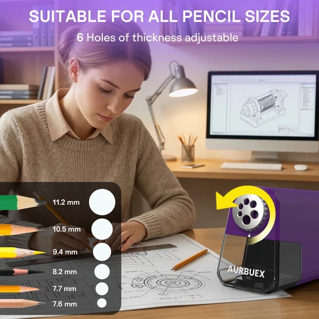 Alt view image 2 of 6 - Heavy Duty Electric Pencil Sharpener-6-Hole for 6-12mm Pencils,Auto Start/Stop,Fast 4s Sharpening,Zinc Alloy Blade,10,000+ Sharpenings-Ideal for Classroom,Office & Art Use,Purple(S260)