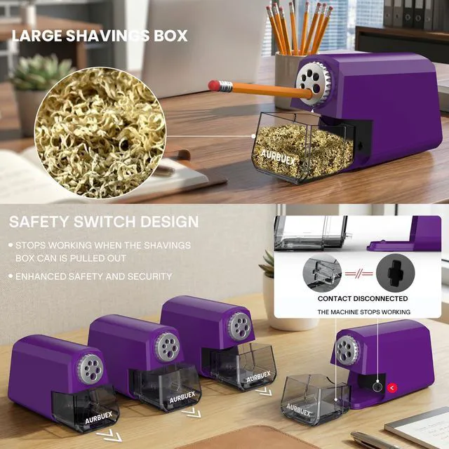 Alt view image 3 of 6 - Heavy Duty Electric Pencil Sharpener-6-Hole for 6-12mm Pencils,Auto Start/Stop,Fast 4s Sharpening,Zinc Alloy Blade,10,000+ Sharpenings-Ideal for Classroom,Office & Art Use,Purple(S260)