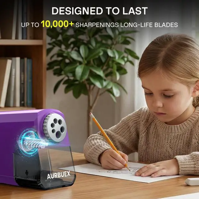 Alt view image 4 of 6 - Heavy Duty Electric Pencil Sharpener-6-Hole for 6-12mm Pencils,Auto Start/Stop,Fast 4s Sharpening,Zinc Alloy Blade,10,000+ Sharpenings-Ideal for Classroom,Office & Art Use,Purple(S260)