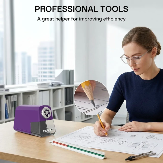 Alt view image 6 of 6 - Heavy Duty Electric Pencil Sharpener-6-Hole for 6-12mm Pencils,Auto Start/Stop,Fast 4s Sharpening,Zinc Alloy Blade,10,000+ Sharpenings-Ideal for Classroom,Office & Art Use,Purple(S260)