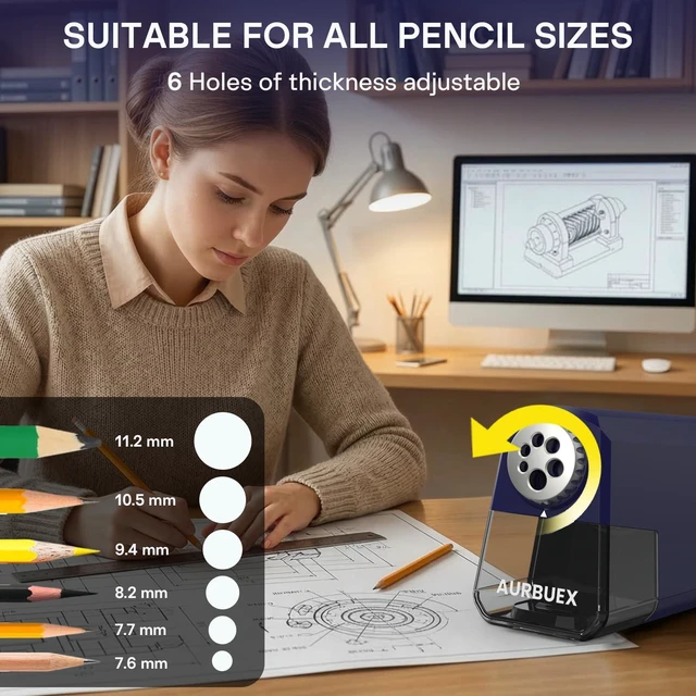 Alt view image 2 of 6 - Heavy Duty Electric Pencil Sharpener-6-Hole for 6-12mm Pencils,Auto Start/Stop,Fast 4s Sharpening,Zinc Alloy Blade,10,000+ Sharpenings-Ideal for Classroom,Office & Art Use,Blue(S260)
