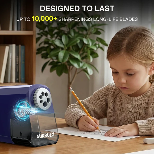 Alt view image 5 of 6 - Heavy Duty Electric Pencil Sharpener-6-Hole for 6-12mm Pencils,Auto Start/Stop,Fast 4s Sharpening,Zinc Alloy Blade,10,000+ Sharpenings-Ideal for Classroom,Office & Art Use,Blue(S260)