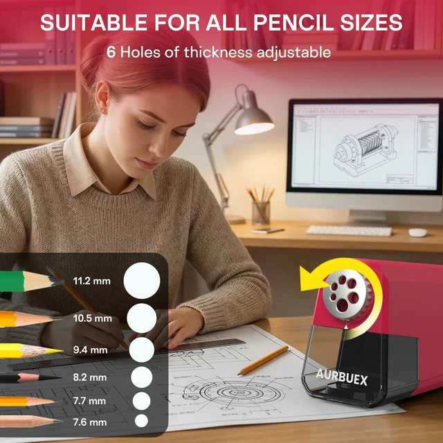 Alt view image 2 of 6 - Heavy Duty Electric Pencil Sharpener-6-Hole for 6-12mm Pencils,Auto Start/Stop,Fast 4s Sharpening,Zinc Alloy Blade,10,000+ Sharpenings-Ideal for Classroom,Office & Art Use,Pink(S260)