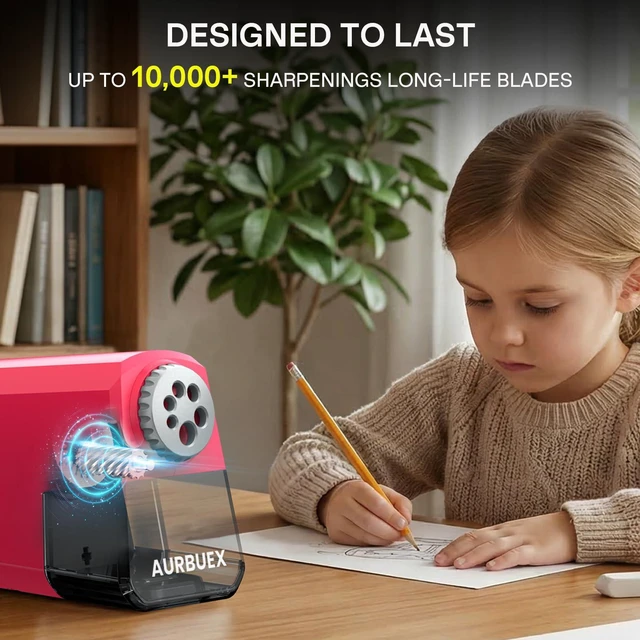 Alt view image 5 of 6 - Heavy Duty Electric Pencil Sharpener-6-Hole for 6-12mm Pencils,Auto Start/Stop,Fast 4s Sharpening,Zinc Alloy Blade,10,000+ Sharpenings-Ideal for Classroom,Office & Art Use,Pink(S260)