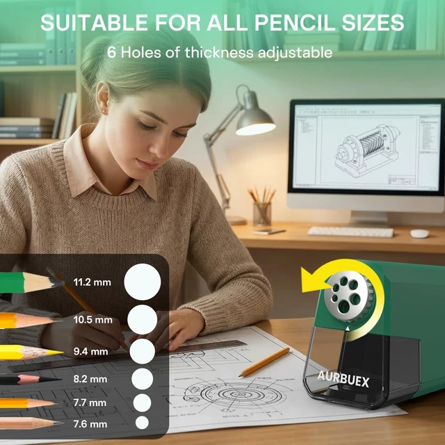Alt view image 2 of 6 - Heavy Duty Electric Pencil Sharpener-6-Hole for 6-12mm Pencils,Auto Start/Stop,Fast 4s Sharpening,Zinc Alloy Blade,10,000+ Sharpenings-Ideal for Classroom,Office & Art Use,Green(S260)
