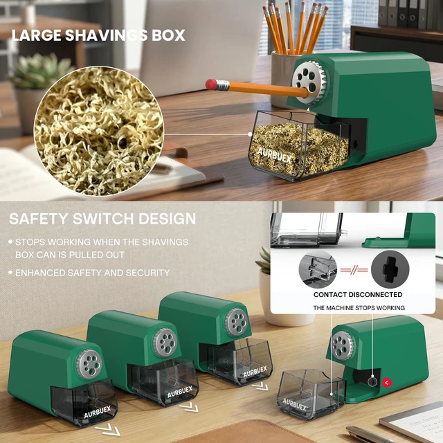 Alt view image 3 of 6 - Heavy Duty Electric Pencil Sharpener-6-Hole for 6-12mm Pencils,Auto Start/Stop,Fast 4s Sharpening,Zinc Alloy Blade,10,000+ Sharpenings-Ideal for Classroom,Office & Art Use,Green(S260)