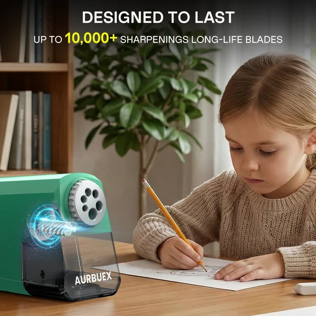 Alt view image 5 of 6 - Heavy Duty Electric Pencil Sharpener-6-Hole for 6-12mm Pencils,Auto Start/Stop,Fast 4s Sharpening,Zinc Alloy Blade,10,000+ Sharpenings-Ideal for Classroom,Office & Art Use,Green(S260)