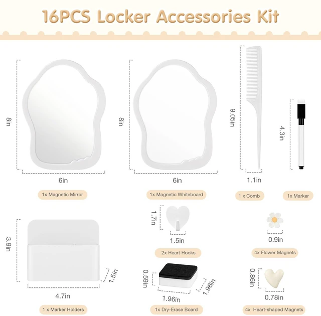 Alt view image 2 of 7 - 16PCS Locker Accessories for Girls, School Supplies Lockers Decor locker accessories Includes hooks, magnetic mirror and whiteboard, marker, pen holder eraser and comb for locker organizer