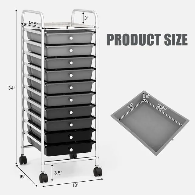 Alt view image 3 of 7 - 10 Drawers Rolling Storage Cart, Multipurpose Craft Storage Cart with Wheels, Mobile Tools Scrapbook Paper Organizer Cart for Office School Home Use
