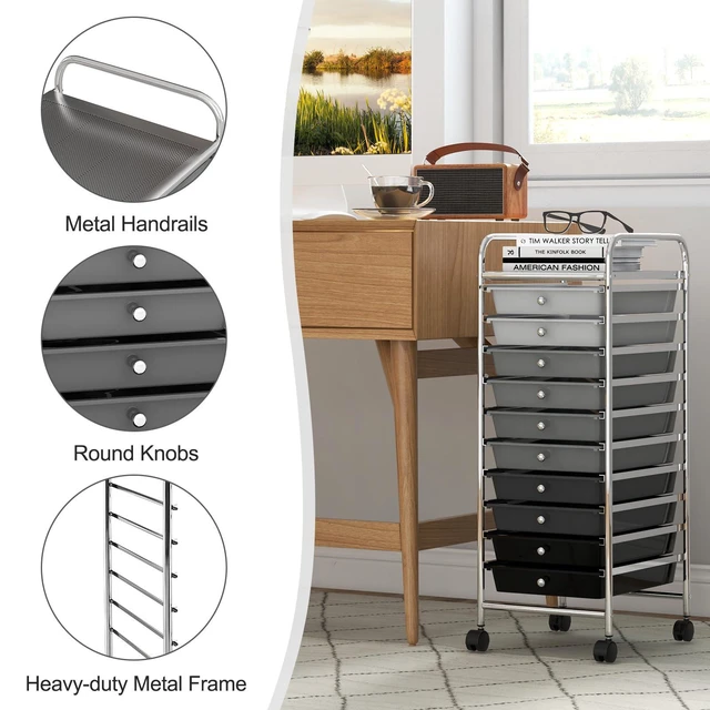 Alt view image 6 of 7 - 10 Drawers Rolling Storage Cart, Multipurpose Craft Storage Cart with Wheels, Mobile Tools Scrapbook Paper Organizer Cart for Office School Home Use