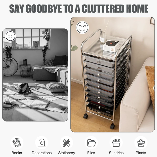 Alt view image 7 of 7 - 10 Drawers Rolling Storage Cart, Multipurpose Craft Storage Cart with Wheels, Mobile Tools Scrapbook Paper Organizer Cart for Office School Home Use