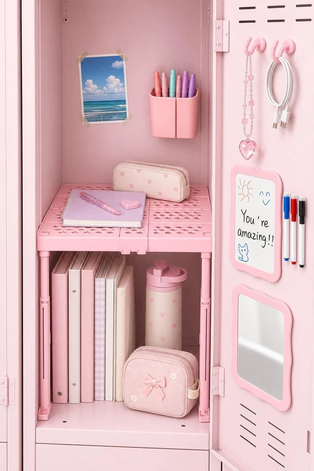 Alt view image 2 of 7 - 9PCS Locker Accessories for Girl, Locker Organizer, Adjustable Locker Shelf Sturdy Locker Shelf, Magnetic Whiteboard, Mirror, Pen Holder, Hooks & 3 Markers, Back to School Essentials Locker Decor