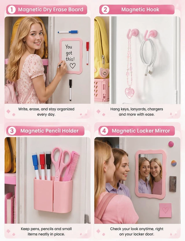 Alt view image 6 of 7 - 9PCS Locker Accessories for Girl, Locker Organizer, Adjustable Locker Shelf Sturdy Locker Shelf, Magnetic Whiteboard, Mirror, Pen Holder, Hooks & 3 Markers, Back to School Essentials Locker Decor