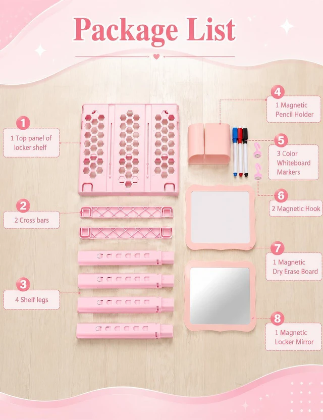 Alt view image 5 of 7 - 9PCS Locker Accessories for Girl, Locker Organizer, Adjustable Locker Shelf Sturdy Locker Shelf, Magnetic Whiteboard, Mirror, Pen Holder, Hooks & 3 Markers, Back to School Essentials Locker Decor