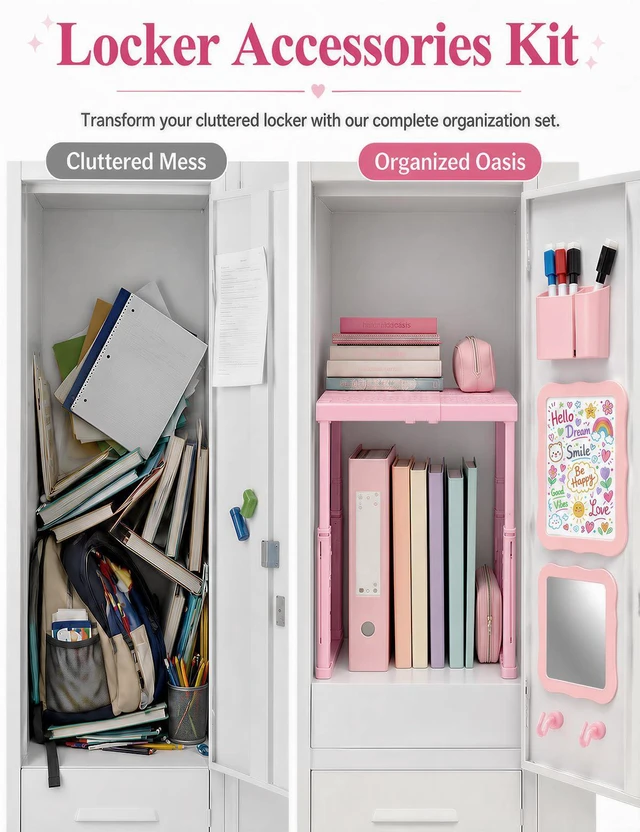 Alt view image 7 of 7 - 9PCS Locker Accessories for Girl, Locker Organizer, Adjustable Locker Shelf Sturdy Locker Shelf, Magnetic Whiteboard, Mirror, Pen Holder, Hooks & 3 Markers, Back to School Essentials Locker Decor