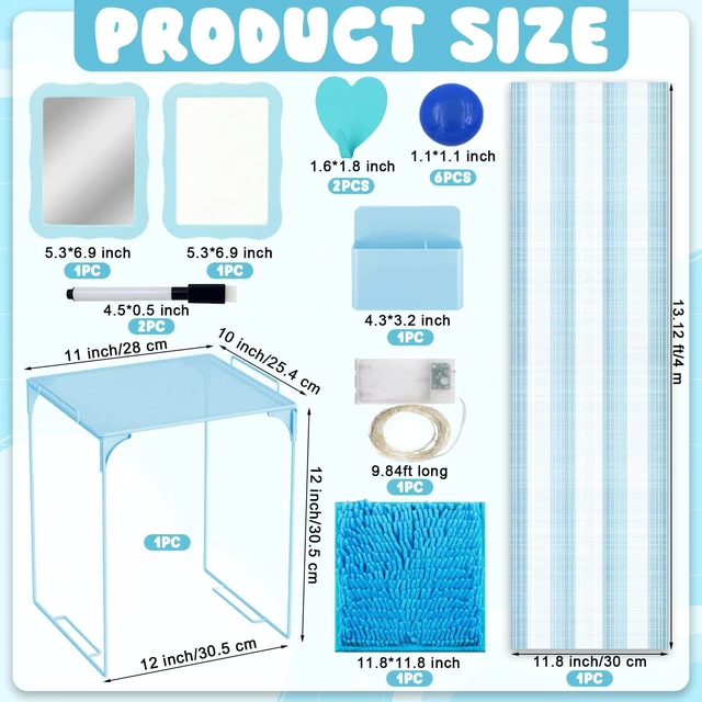 Alt view image 2 of 7 - 16 Pcs Locker Accessories Kit Blue Locker Organizer Decorations Include Striped Wallpaper String Light Magnetic Whiteboard Mirror Storage Cup Marker Rug Organizing Shelf for Back to School Supply