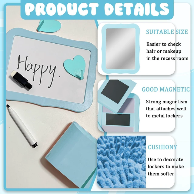 Alt view image 3 of 7 - 16 Pcs Locker Accessories Kit Blue Locker Organizer Decorations Include Striped Wallpaper String Light Magnetic Whiteboard Mirror Storage Cup Marker Rug Organizing Shelf for Back to School Supply