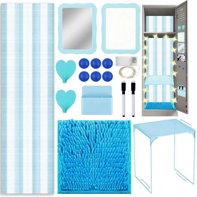 Main image of 16 Pcs Locker Accessories Kit Blue Locker Organizer Decorations Include Striped Wallpaper String Light Magnetic Whiteboard Mirror Storage Cup Marker Rug Organizing Shelf for Back to School Supply