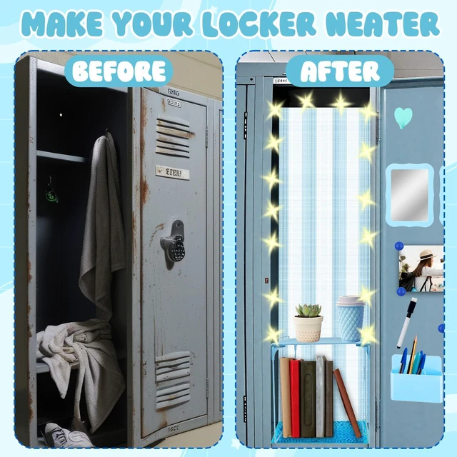 Alt view image 7 of 7 - 16 Pcs Locker Accessories Kit Blue Locker Organizer Decorations Include Striped Wallpaper String Light Magnetic Whiteboard Mirror Storage Cup Marker Rug Organizing Shelf for Back to School Supply