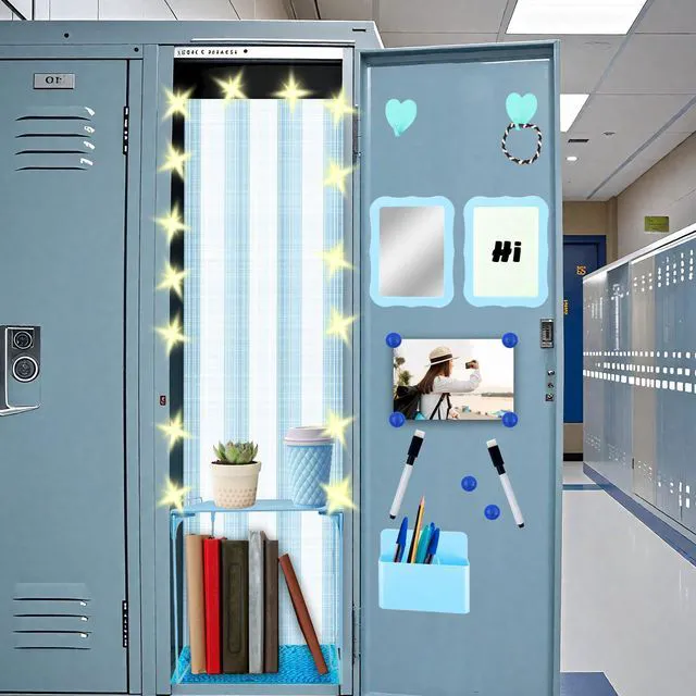Alt view image 5 of 7 - 16 Pcs Locker Accessories Kit Blue Locker Organizer Decorations Include Striped Wallpaper String Light Magnetic Whiteboard Mirror Storage Cup Marker Rug Organizing Shelf for Back to School Supply