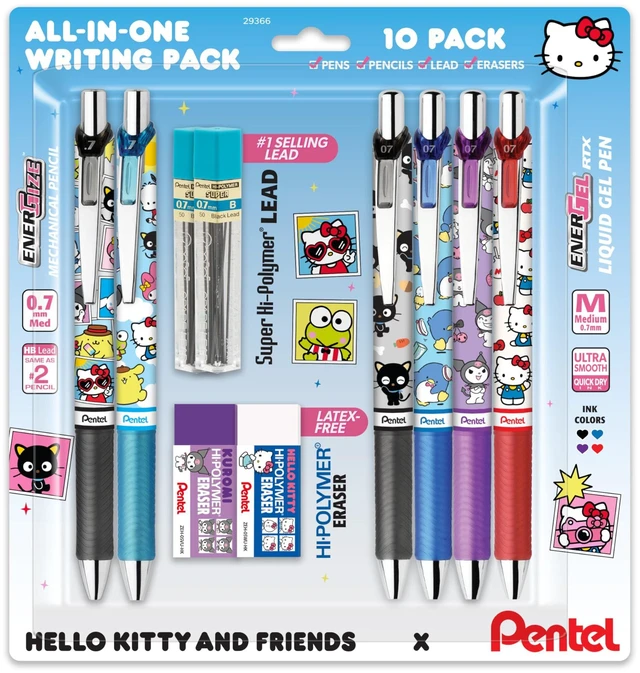 Main image of Writing Essentials 10 Pack, Hello Kitty® and Friends, Limited Edition, 4 EnerGel 0.7mm gel pens, 2 EnerGize 0.7mm pencils, 2 bock erasers, and 2 refill leads