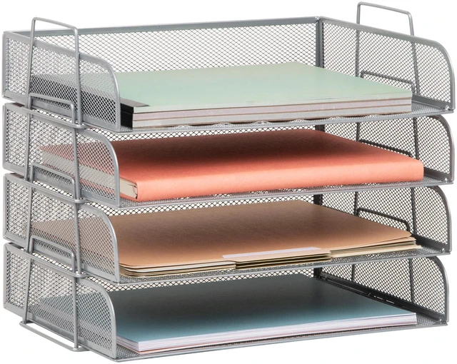 Main image of Stackable Paper Tray, Desktop Organizer, File Storage, Office, Metal Mesh, 4 Pcs., Silver
