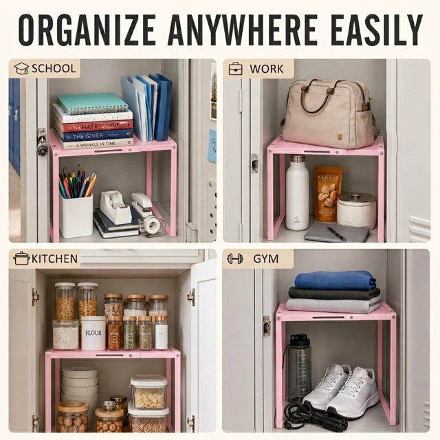 Alt view image 7 of 7 - Adjustable Pink Locker Shelf Organizer for School Locker Decor Easy Assembly, Good Load Bearing Capacity, Metal Locker Divider for Home Office Gym, Back to School Supplies for Girls