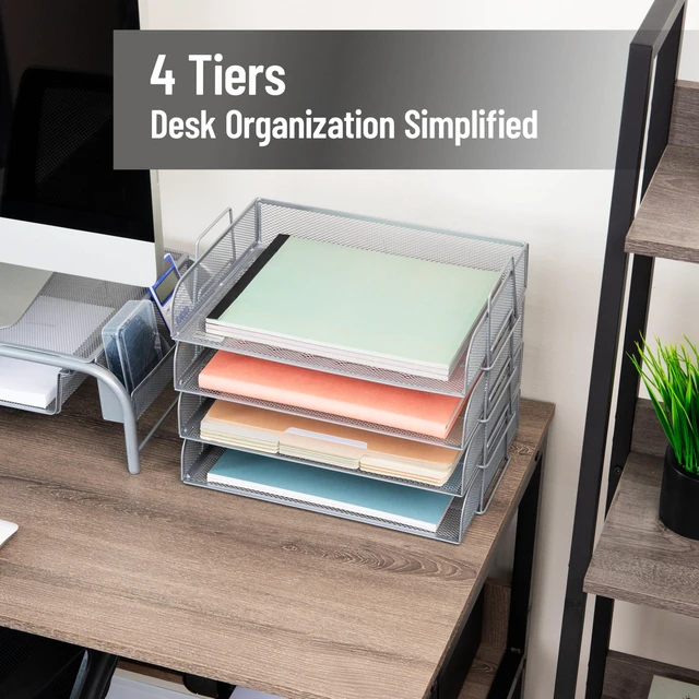 Alt view image 2 of 7 - Stackable Paper Tray, Desktop Organizer, File Storage, Office, Metal Mesh, 4 Pcs., Silver