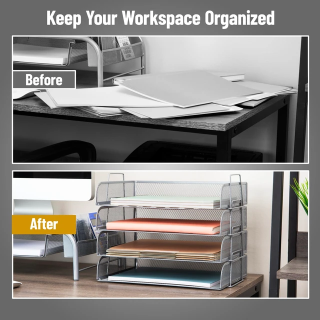 Alt view image 5 of 7 - Stackable Paper Tray, Desktop Organizer, File Storage, Office, Metal Mesh, 4 Pcs., Silver